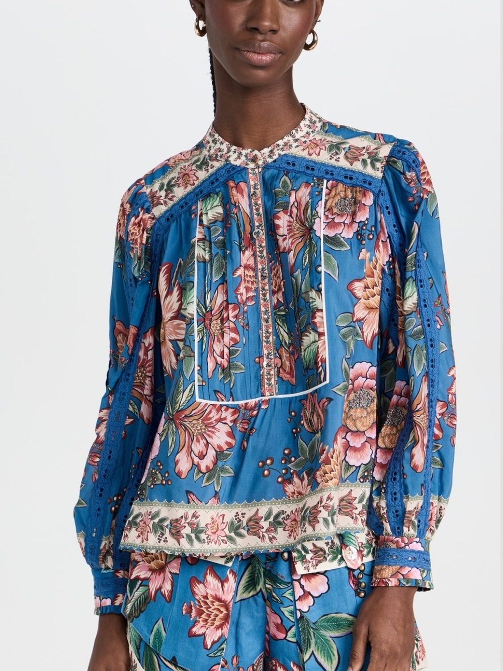 Farm Rio Wonderful Bouquet Blue Long Sleeve Blouse and Shorts